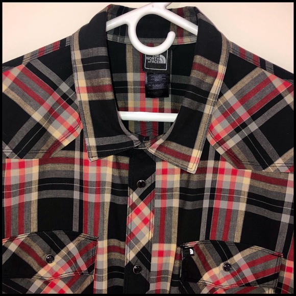 TheNorthFaceππXL Short Sleeve Flannel with 2 pockets snaps Red Gold Black - Picture 2 of 16